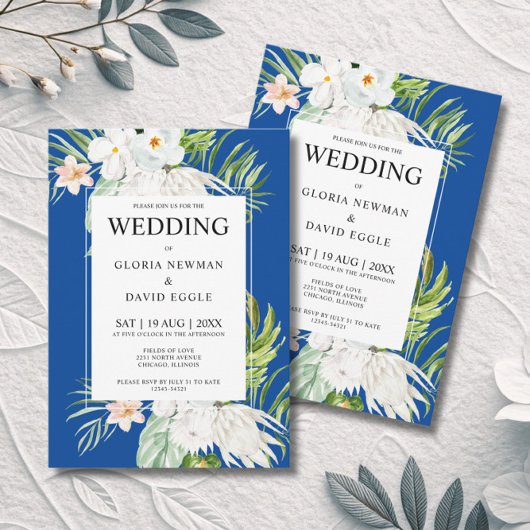 White Flowers on Blue Wedding  Invitation Einladung
