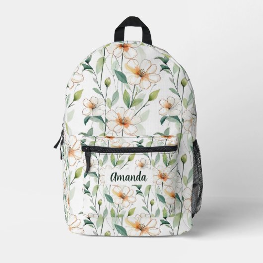 White Flowers Pattern Back to School Botanical Bedruckter Rucksack (Vorderseite)