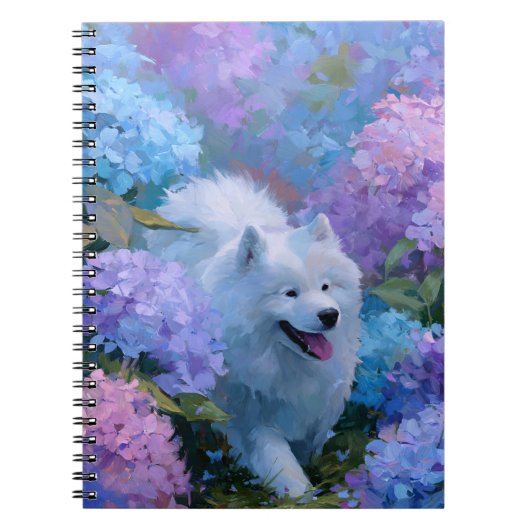 White Fluffy Dog im Hydrangeas-Notebook Notizblock (Vorderseite)