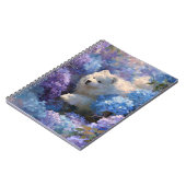 White Fluffy Dog in Hydrangea Garden Notebook Notizblock (Linke Seite)
