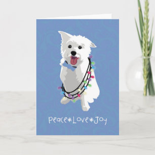 White Fluffy Dog - Peace Joy Liebe - Holiday Feiertagskarte