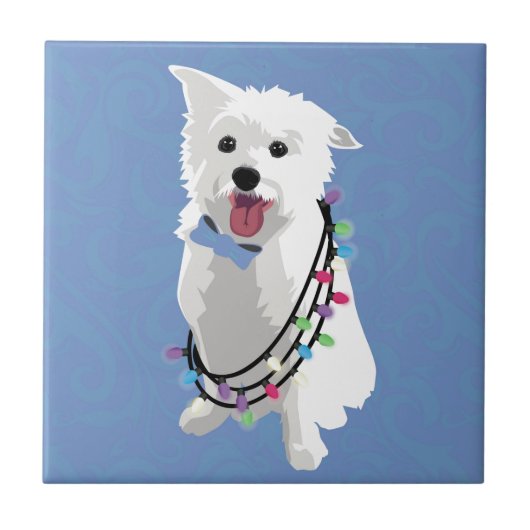 White Fluffy Dog - Peace Joy Liebe - Holiday Fliese (Vorderseite)