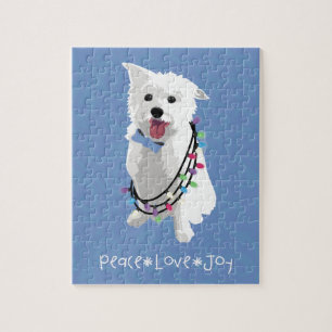 White Fluffy Dog - Peace Joy Liebe - Holiday Puzzle