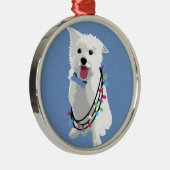 White Fluffy Dog - Peace Joy Liebe - Holiday Silbernes Ornament (Rechts)