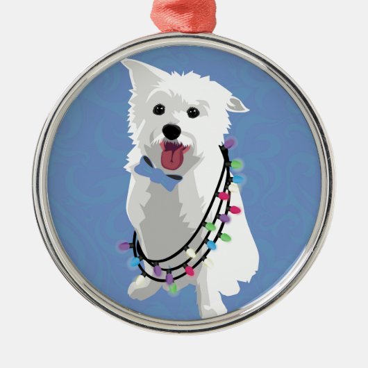 White Fluffy Dog - Peace Joy Liebe - Holiday Silbernes Ornament (Vorne)