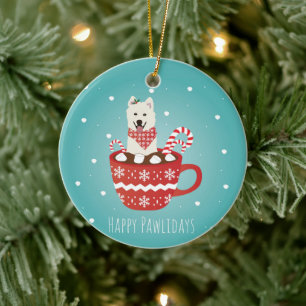 White Fluffy Hund Weihnachten glücklich Pawlidays Keramik Ornament