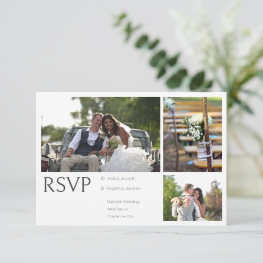 White Foto Collage Wedding RSVP Cards (Stehend Vorderseite)