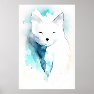 White Fox Wild Animal Nature Wasserfarbe Kunst Poster
