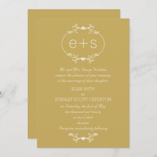 White Frame Initials elegante monogram Gold Hochze Einladung (Vorne/Hinten)