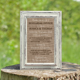 White Frame Rustic Burlap Hochzeit Probe Dinner Einladung