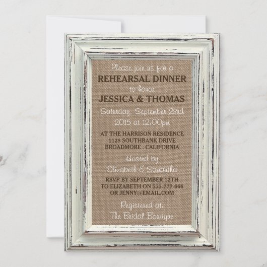 White Frame Rustic Burlap Hochzeit Probe Dinner Einladung (Vorderseite)