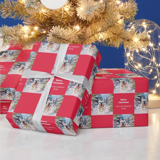 White French Bulldog in Snow Red Christmas Geschenkpapier (Feiertage)