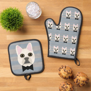 White French Bulldog, Streifen Ofenhandschuh & Topflappen-Set