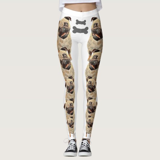 White Fun und Funky Pastel Mops Hunde Leggings (Vorderseite)