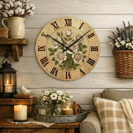 White Garden Flowers Wall Clock Große Wanduhr