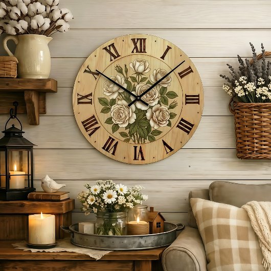 White Garden Flowers Wall Clock Große Wanduhr