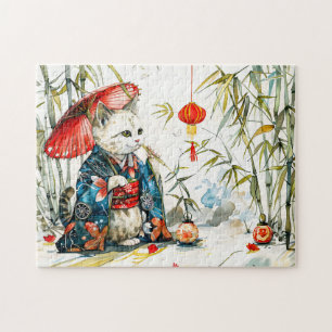 White Geisha Cat with Red Umbrella in Bamboo Fores Puzzle