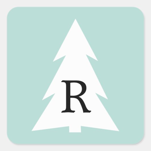 White Geometric Tree on Mint Green Custom Monogram Quadratischer Aufkleber (Vorderseite)