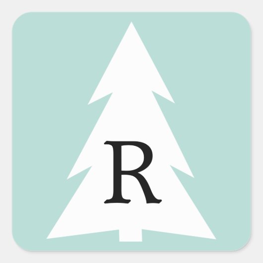 White Geometric Tree on Mint Green Custom Monogram Quadratischer Aufkleber (Vorderseite)