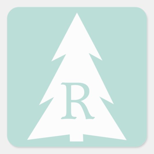 White Geometric Tree on Mint Green, Your Monogram Quadratischer Aufkleber (Vorderseite)