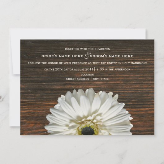White Gerbera & Barnwood Rustic Wedding Einladung (Vorderseite)
