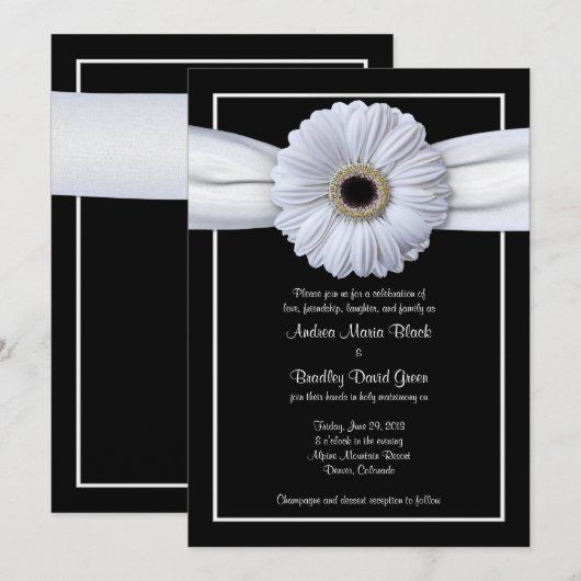 White Gerbera Black Background Wedding Einladung (Vorne/Hinten)