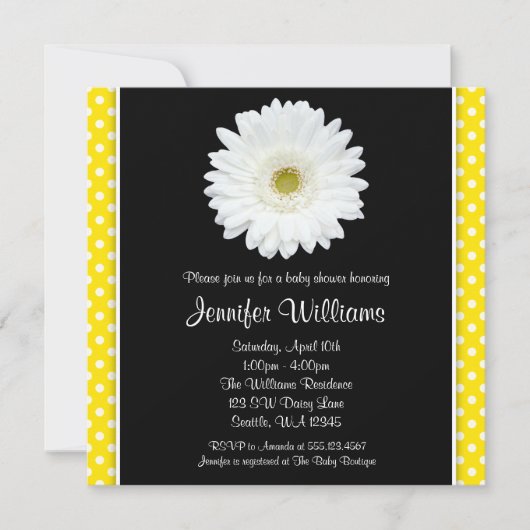 White Gerbera Daisy Yellow Polka Dot Baby Dusche Einladung (Vorderseite)