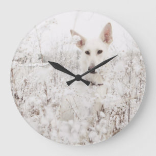 White German Shepherd in the Snow Große Wanduhr