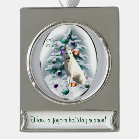 White German Shepherd Personalisiert Weihnachten Banner-Ornament Silber (Vorderseite)