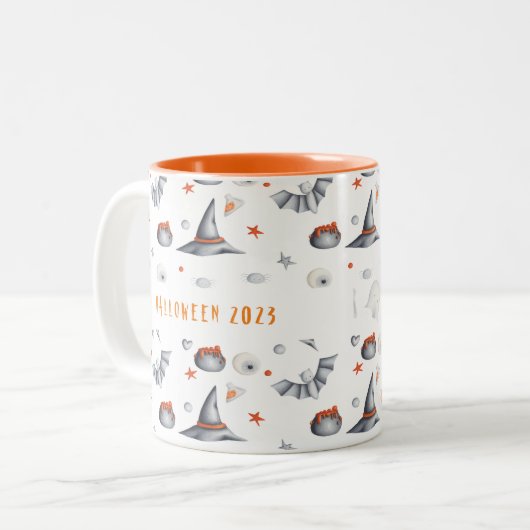 White Ghosts Bats Cauldrons Halloween Jahr Zweifarbige Tasse (Vorderseite Links)