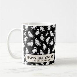White Ghosts on Black Background Halloween Kaffeetasse