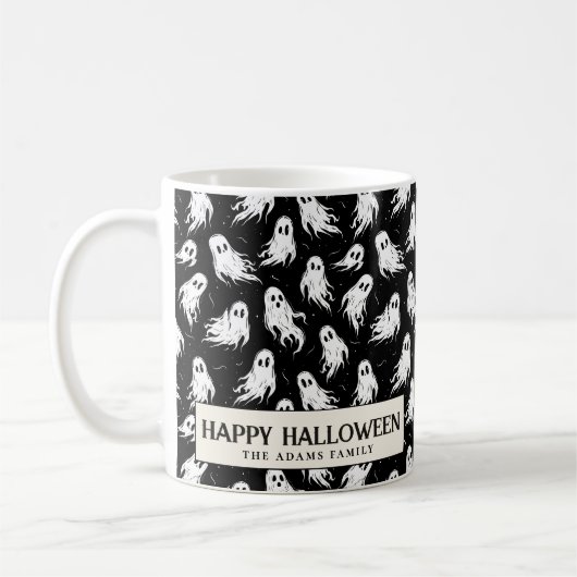 White Ghosts on Black Background Halloween Kaffeetasse (Links)