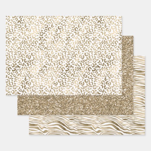 White Glam Gold Leopard Zebra Animal Print Geschenkpapier Set (Set)