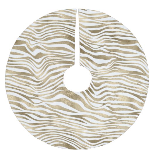 White Glam Gold Zebra Animal Print Polyester Weihnachtsbaumdecke (Vorderseite)