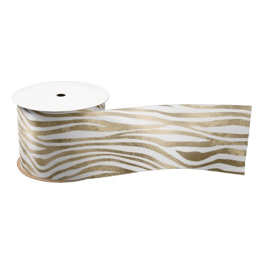 White Glam Gold Zebra Animal Print Satinband (Spule)
