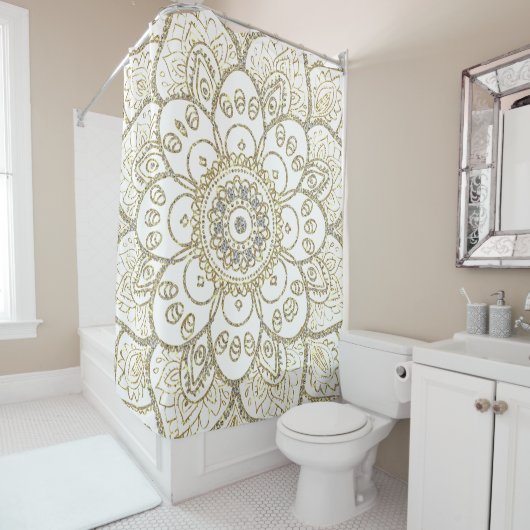 White Glitzer & Gold Floral Mandala Duschvorhang (Beispiel)