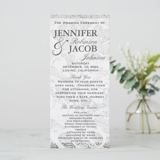 White Glitzer Lace | Hochzeitsprogramm Programm (Stehend Vorderseite)