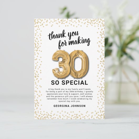 White Gold 30. Erwachsene Geburtstag Dankeskarte (Stehend Vorderseite)