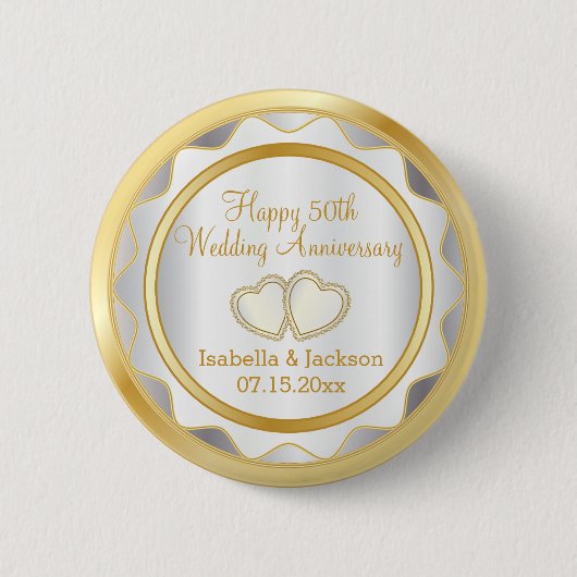 White & Gold 50. Hochzeitstag Button (Vorderseite)