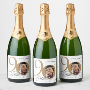 White Gold 90. Geburtstag Kalligrafie Custom Foto Schaumweinetikett