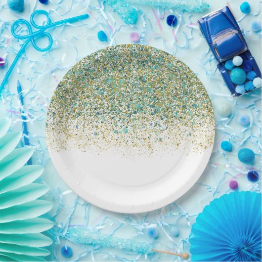 White Gold & Aquamarin Blue Glitzer Moderner Küste Pappteller (Party)
