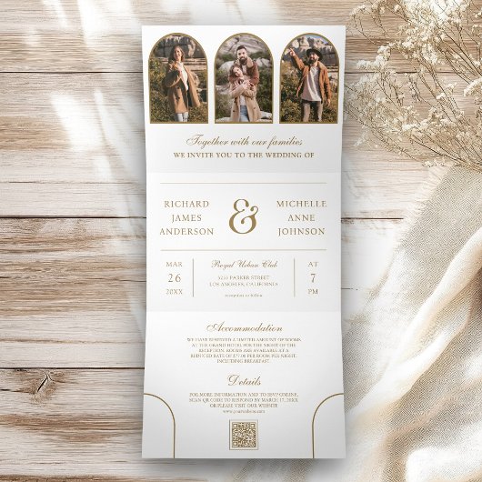 White Gold Arch Photo QR code Wedding Dreifach Gefaltete Einladung