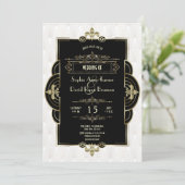 White Gold Art Deco Black Roaring 1920er Hochzeit Einladung (Stehend Vorderseite)