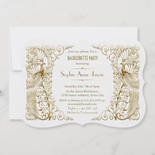 White Gold Art Deco Pfau Junggeselinnen-Abschied Einladung (Vorderseite)