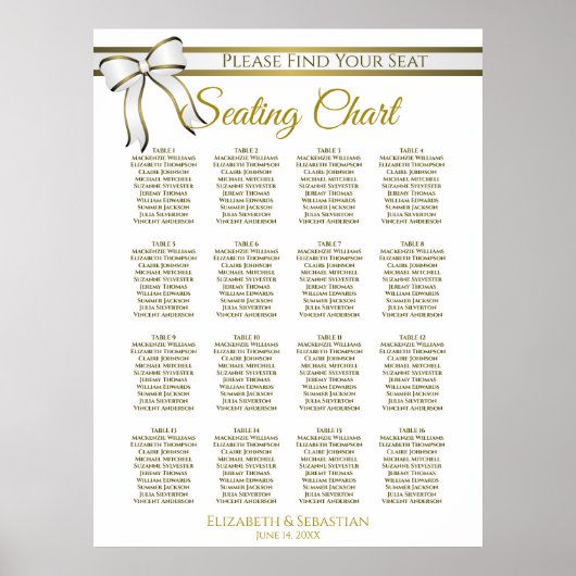 White & Gold Band 16 Tabelle Hochzeitstabelle Poster (Vorne)