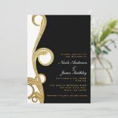 White Gold Black Chic Elegante Swirt Hochzeit Einladung (Stehend Vorderseite)