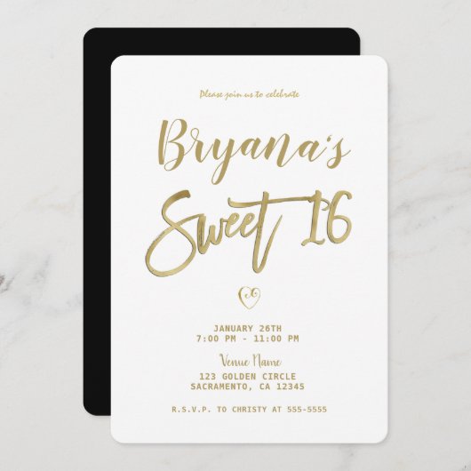 White Gold & Black Modern Minimal Chic Sweet 16 Einladung (Vorne/Hinten)
