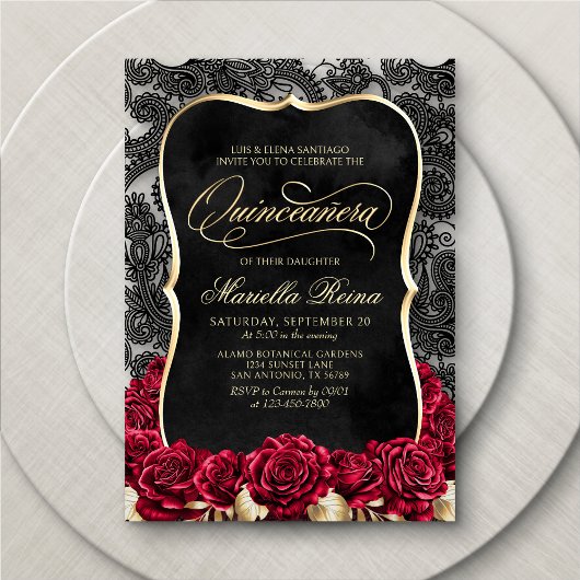 White Gold Black Quinceañera Einladung