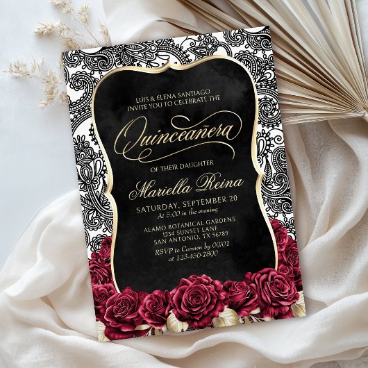 White Gold Black Quinceañera Einladung