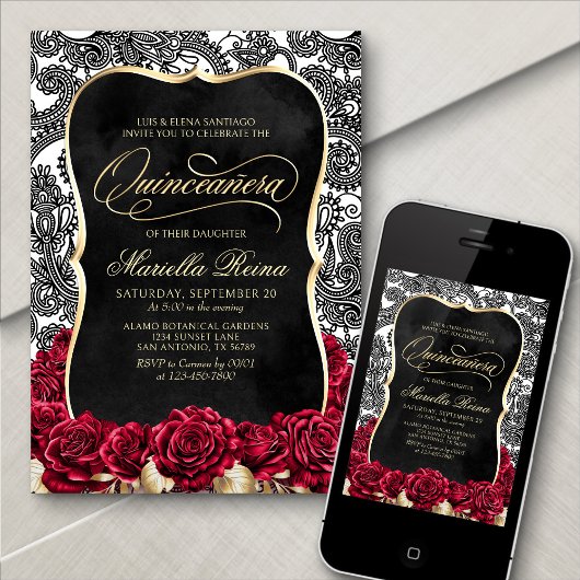 White Gold Black Quinceañera Einladung